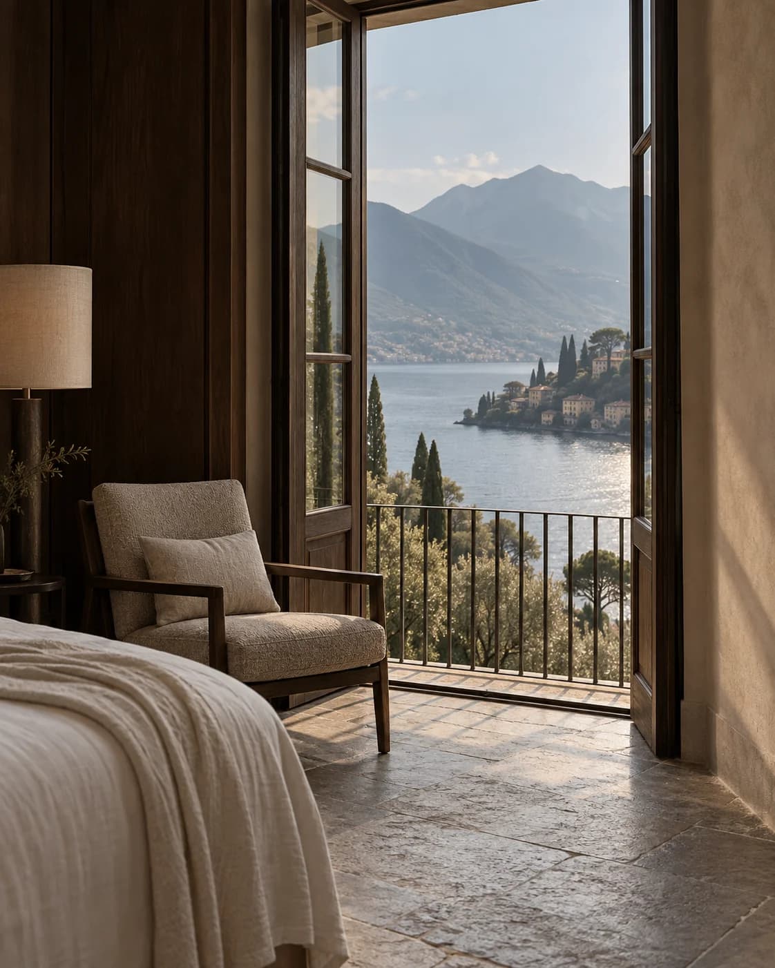 Sunlit boutique hotel room with natural linen and an open window overlooking a European lake and mountains